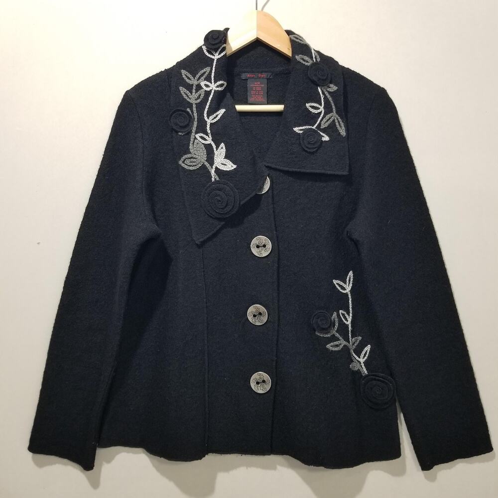 Alison Sheri Jacket Womens Medium Black Art to Wear Wool Embroidered Floral